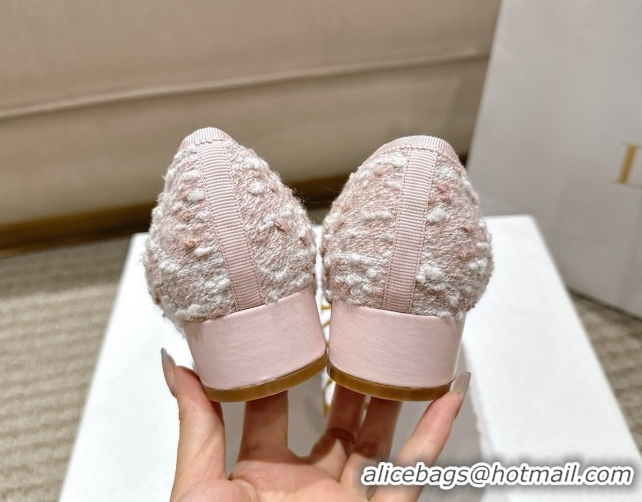 Charming Dior Ballet Pumps 3cm in Quilted Cannage Tweed with Pearl Bow Pink 0822009