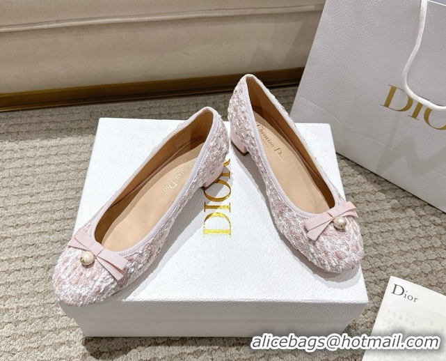 Charming Dior Ballet Pumps 3cm in Quilted Cannage Tweed with Pearl Bow Pink 0822009