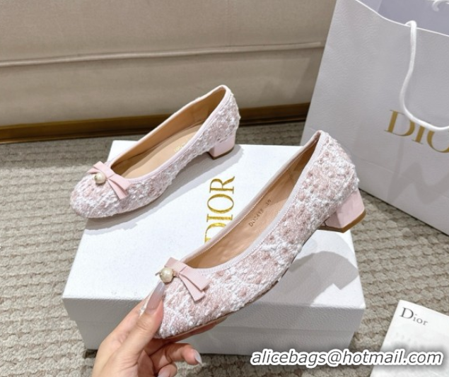 Charming Dior Ballet Pumps 3cm in Quilted Cannage Tweed with Pearl Bow Pink 0822009