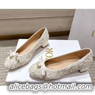 Grade Quality Dior Ballet Pumps 3cm in Quilted Cannage Tweed with Pearl Bow Beige 0822010