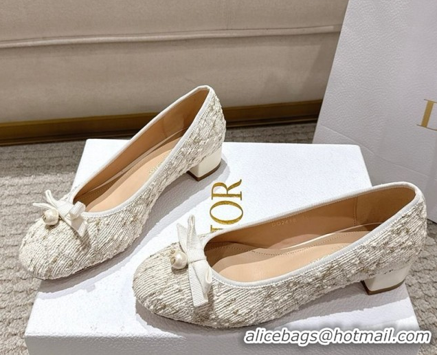 Grade Quality Dior Ballet Pumps 3cm in Quilted Cannage Tweed with Pearl Bow Beige 0822010
