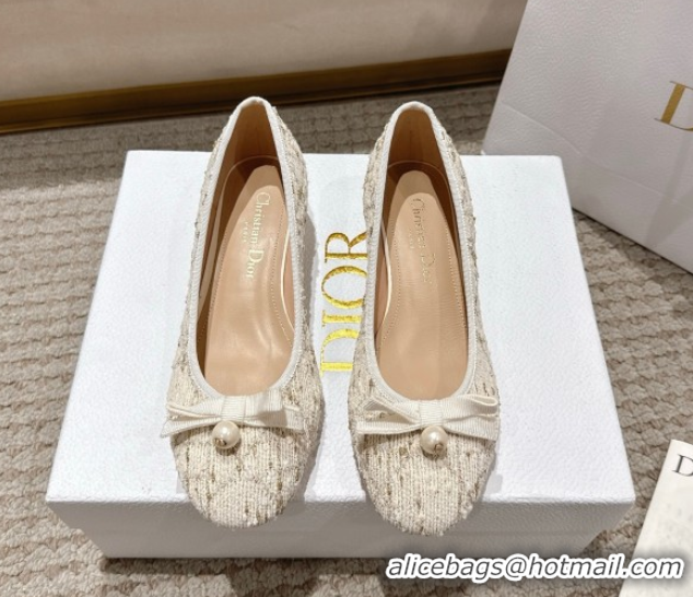 Grade Quality Dior Ballet Pumps 3cm in Quilted Cannage Tweed with Pearl Bow Beige 0822010