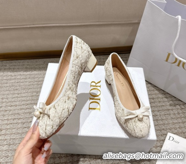 Grade Quality Dior Ballet Pumps 3cm in Quilted Cannage Tweed with Pearl Bow Beige 0822010