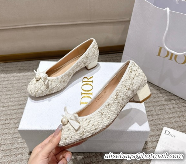 Grade Quality Dior Ballet Pumps 3cm in Quilted Cannage Tweed with Pearl Bow Beige 0822010