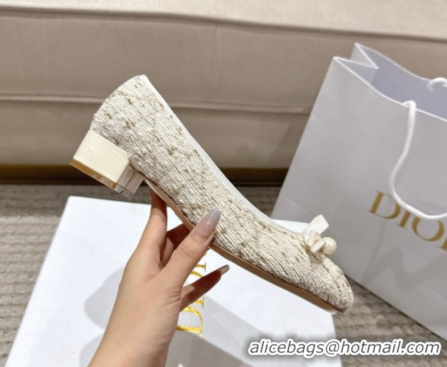 Grade Quality Dior Ballet Pumps 3cm in Quilted Cannage Tweed with Pearl Bow Beige 0822010