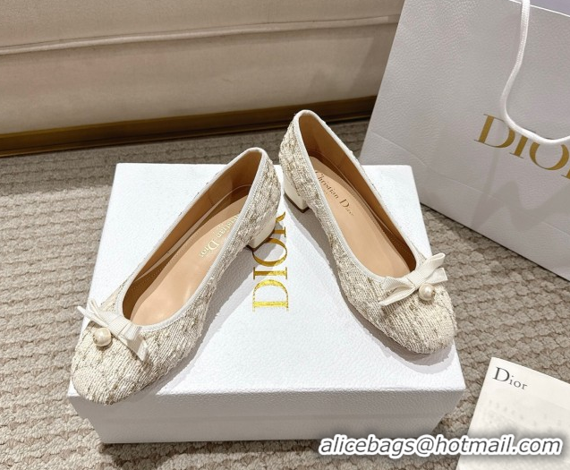Grade Quality Dior Ballet Pumps 3cm in Quilted Cannage Tweed with Pearl Bow Beige 0822010