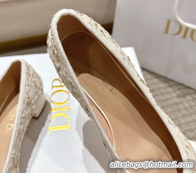 Grade Quality Dior Ballet Pumps 3cm in Quilted Cannage Tweed with Pearl Bow Beige 0822010
