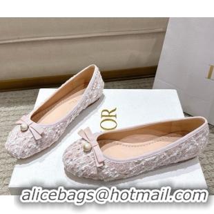 Discount Fashion Dior Ballet Flats in Quilted Cannage Tweed with Pearl Bow Pink 0822011