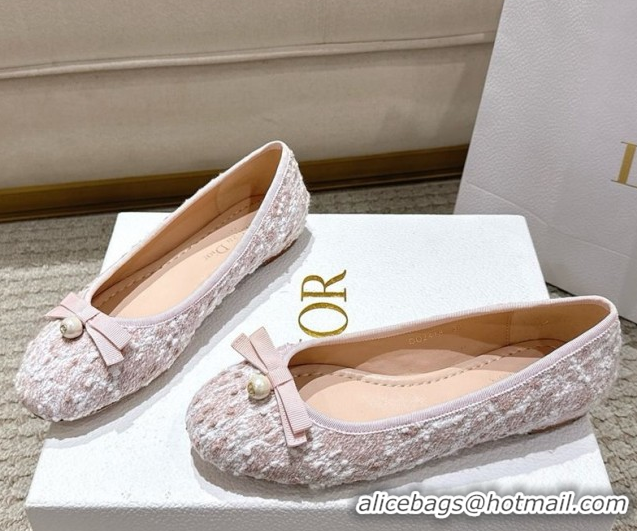 Discount Fashion Dior Ballet Flats in Quilted Cannage Tweed with Pearl Bow Pink 0822011