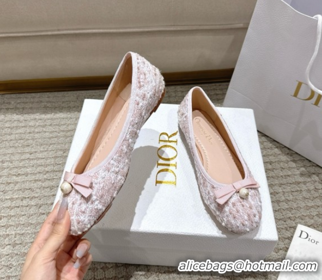 Discount Fashion Dior Ballet Flats in Quilted Cannage Tweed with Pearl Bow Pink 0822011