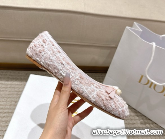 Discount Fashion Dior Ballet Flats in Quilted Cannage Tweed with Pearl Bow Pink 0822011