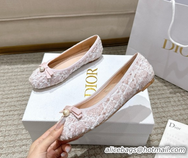 Discount Fashion Dior Ballet Flats in Quilted Cannage Tweed with Pearl Bow Pink 0822011
