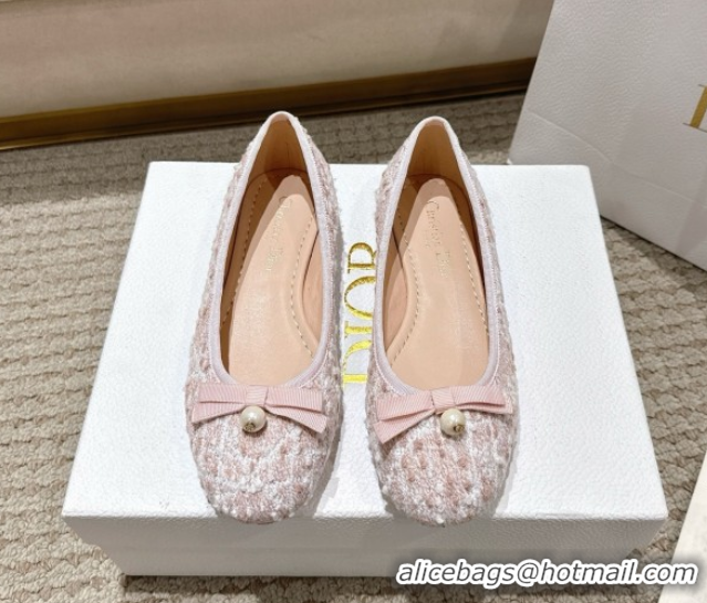 Discount Fashion Dior Ballet Flats in Quilted Cannage Tweed with Pearl Bow Pink 0822011
