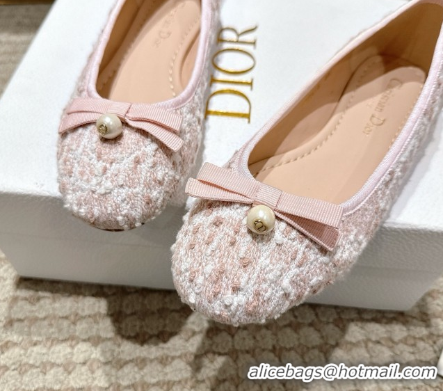 Discount Fashion Dior Ballet Flats in Quilted Cannage Tweed with Pearl Bow Pink 0822011