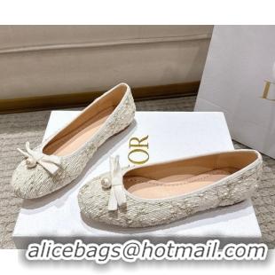 Buy Luxury Dior Ballet Flats in Quilted Cannage Tweed with Pearl Bow Beige 0822012