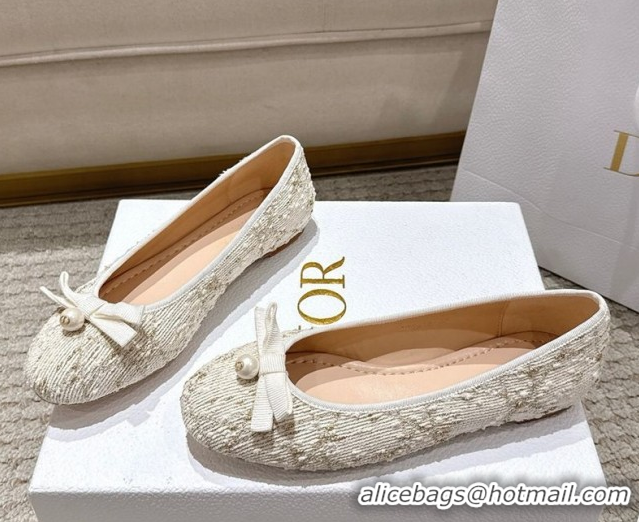 Buy Luxury Dior Ballet Flats in Quilted Cannage Tweed with Pearl Bow Beige 0822012
