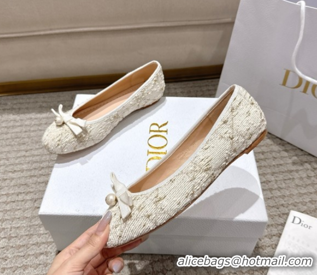 Buy Luxury Dior Ballet Flats in Quilted Cannage Tweed with Pearl Bow Beige 0822012