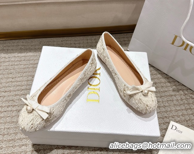 Buy Luxury Dior Ballet Flats in Quilted Cannage Tweed with Pearl Bow Beige 0822012