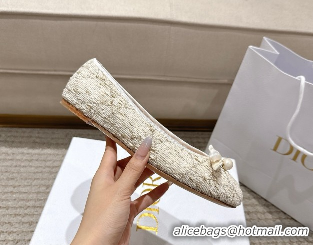 Buy Luxury Dior Ballet Flats in Quilted Cannage Tweed with Pearl Bow Beige 0822012