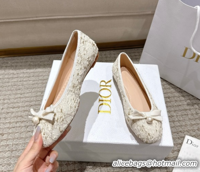 Buy Luxury Dior Ballet Flats in Quilted Cannage Tweed with Pearl Bow Beige 0822012