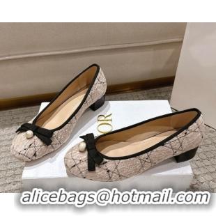 Best Price Dior Ballet Pumps 3cm in Cannage Tweed with Pearl Bow Beige/Black 0822013