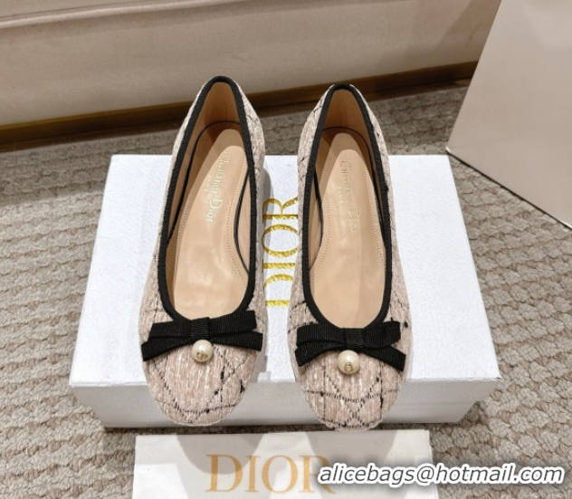 Best Price Dior Ballet Pumps 3cm in Cannage Tweed with Pearl Bow Beige/Black 0822013