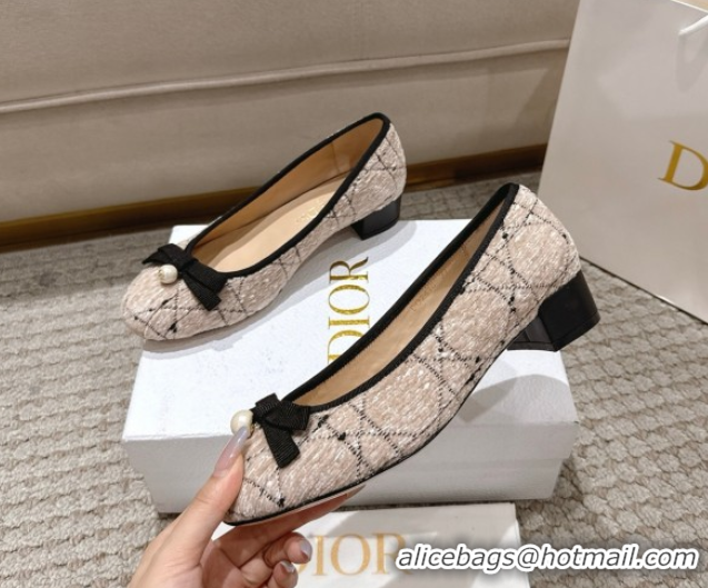 Best Price Dior Ballet Pumps 3cm in Cannage Tweed with Pearl Bow Beige/Black 0822013