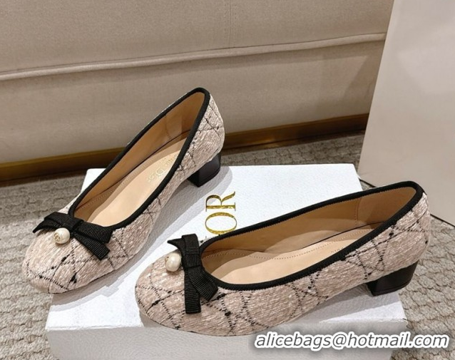 Best Price Dior Ballet Pumps 3cm in Cannage Tweed with Pearl Bow Beige/Black 0822013
