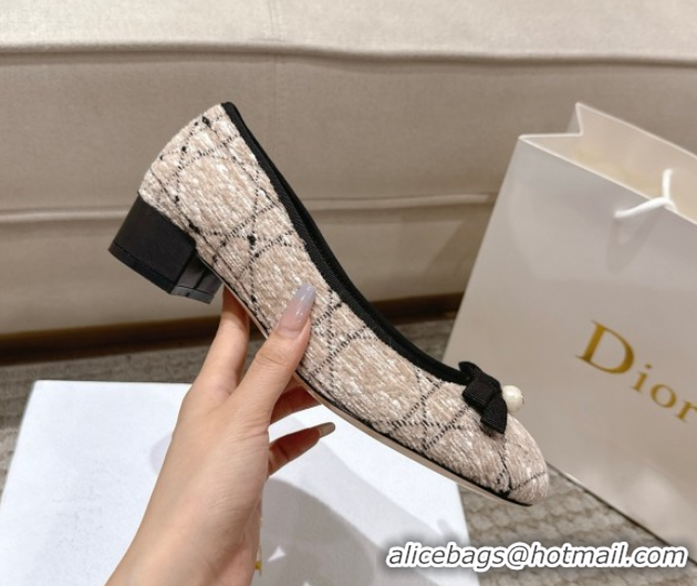 Best Price Dior Ballet Pumps 3cm in Cannage Tweed with Pearl Bow Beige/Black 0822013