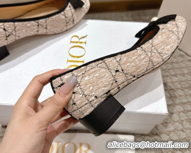 Best Price Dior Ballet Pumps 3cm in Cannage Tweed with Pearl Bow Beige/Black 0822013