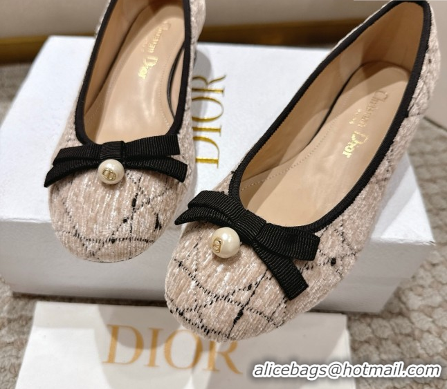Best Price Dior Ballet Pumps 3cm in Cannage Tweed with Pearl Bow Beige/Black 0822013