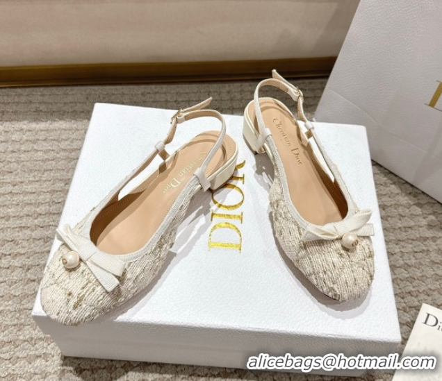 Purchase Dior Ballet Slingback Pumps 3cm in Quilted Cannage Tweed with Pearl Bow Beige 0822014