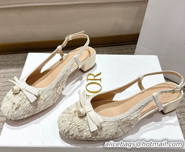 Purchase Dior Ballet Slingback Pumps 3cm in Quilted Cannage Tweed with Pearl Bow Beige 0822014