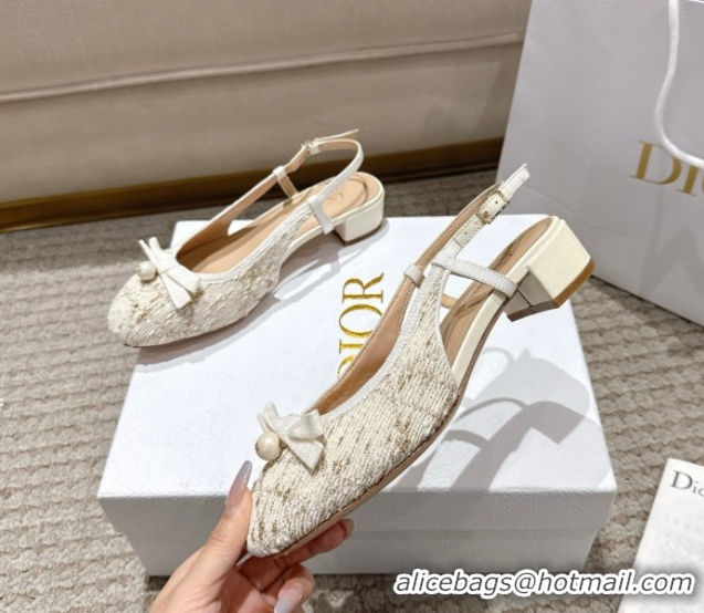 Purchase Dior Ballet Slingback Pumps 3cm in Quilted Cannage Tweed with Pearl Bow Beige 0822014