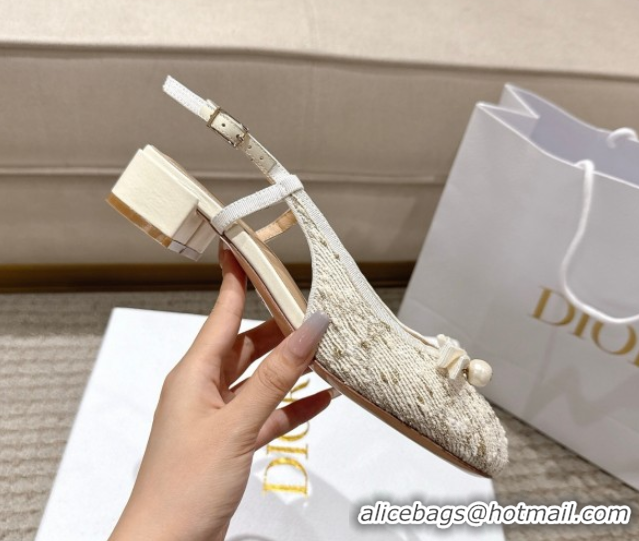 Purchase Dior Ballet Slingback Pumps 3cm in Quilted Cannage Tweed with Pearl Bow Beige 0822014