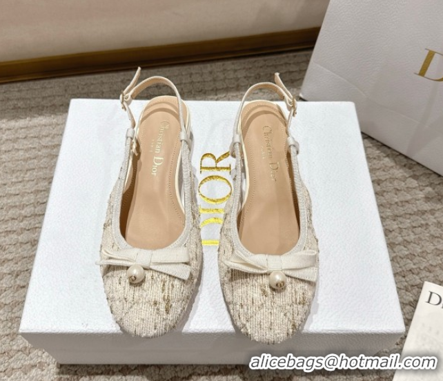 Purchase Dior Ballet Slingback Pumps 3cm in Quilted Cannage Tweed with Pearl Bow Beige 0822014