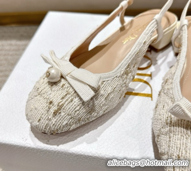 Purchase Dior Ballet Slingback Pumps 3cm in Quilted Cannage Tweed with Pearl Bow Beige 0822014