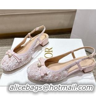 Top Grade Dior Ballet Slingback Pumps 3cm in Quilted Cannage Tweed with Pearl Bow Pink 0822015