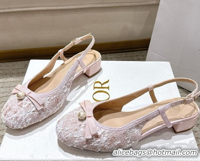 Top Grade Dior Ballet Slingback Pumps 3cm in Quilted Cannage Tweed with Pearl Bow Pink 0822015
