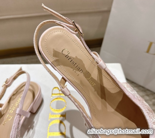 Top Grade Dior Ballet Slingback Pumps 3cm in Quilted Cannage Tweed with Pearl Bow Pink 0822015