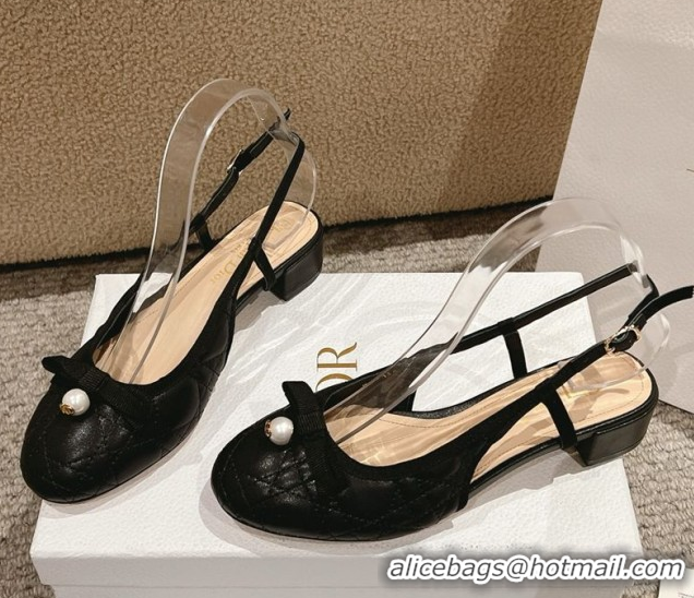 Unique Style Dior Ballet Slingback Pumps 3cm in Quilted Cannage Calfskin with Pearl Bow Black 0822016