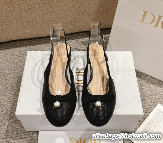 Unique Style Dior Ballet Slingback Pumps 3cm in Quilted Cannage Calfskin with Pearl Bow Black 0822016