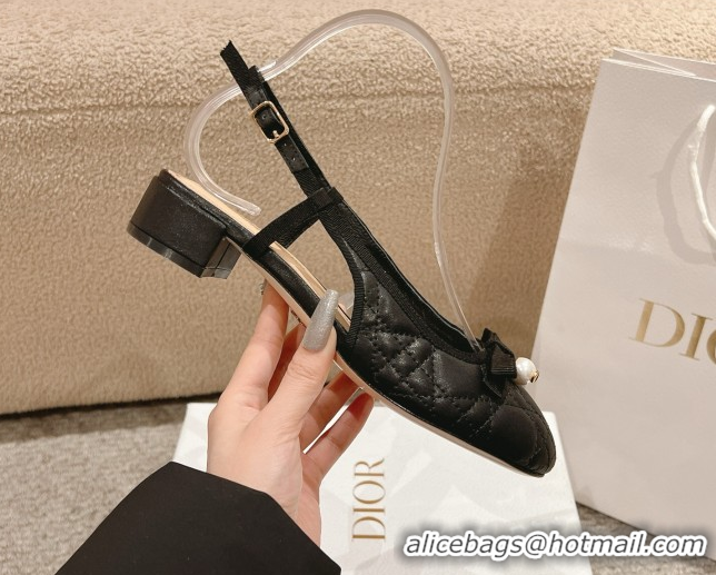 Unique Style Dior Ballet Slingback Pumps 3cm in Quilted Cannage Calfskin with Pearl Bow Black 0822016