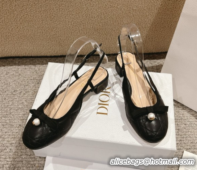 Unique Style Dior Ballet Slingback Pumps 3cm in Quilted Cannage Calfskin with Pearl Bow Black 0822016