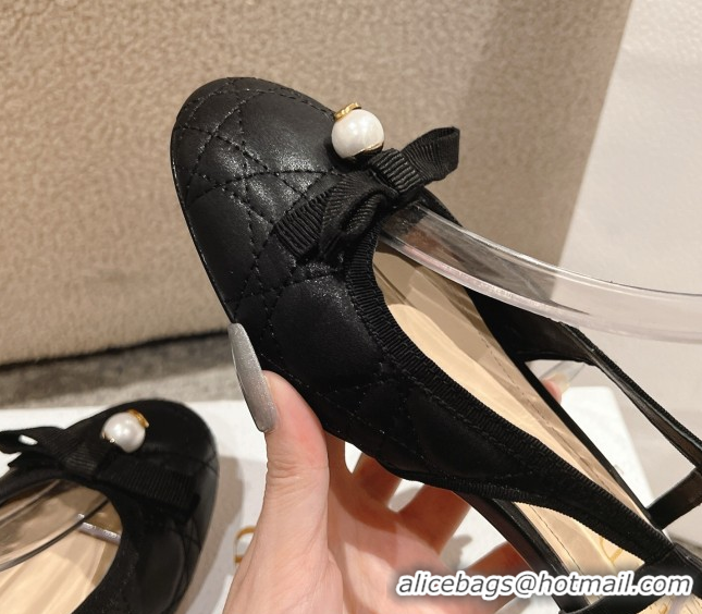 Unique Style Dior Ballet Slingback Pumps 3cm in Quilted Cannage Calfskin with Pearl Bow Black 0822016