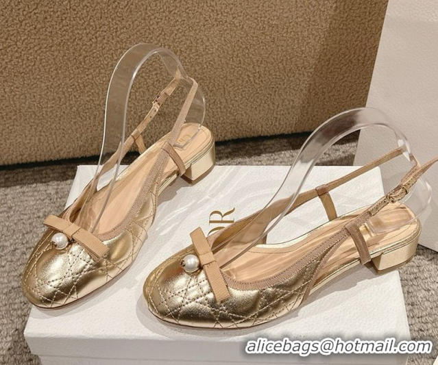Shop Duplicate Dior Ballet Slingback Pumps 3cm in Quilted Cannage Calfskin with Pearl Bow Gold 0822017