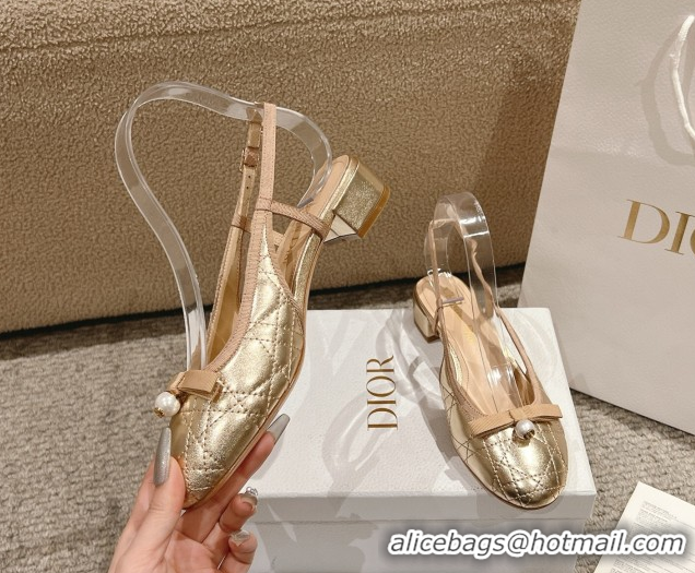 Shop Duplicate Dior Ballet Slingback Pumps 3cm in Quilted Cannage Calfskin with Pearl Bow Gold 0822017