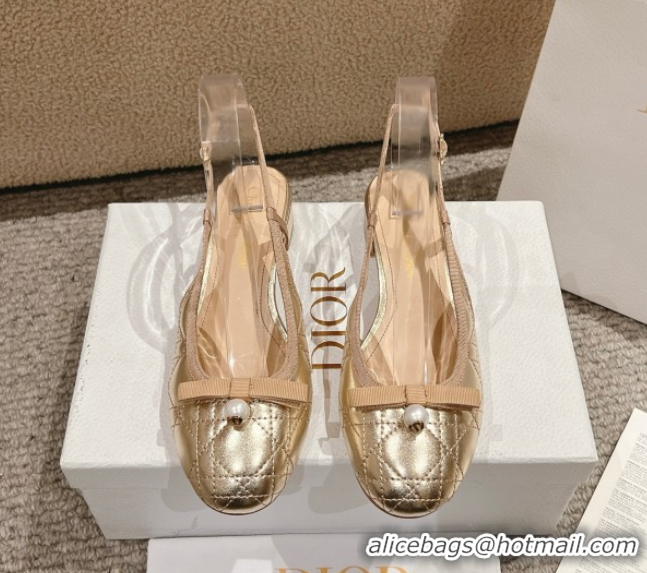 Shop Duplicate Dior Ballet Slingback Pumps 3cm in Quilted Cannage Calfskin with Pearl Bow Gold 0822017