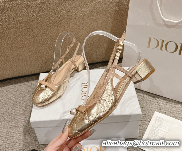 Shop Duplicate Dior Ballet Slingback Pumps 3cm in Quilted Cannage Calfskin with Pearl Bow Gold 0822017
