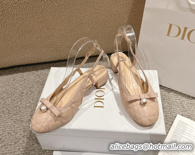 Shop Cheap Dior Ballet Slingback Pumps 3cm in Quilted Cannage Calfskin with Pearl Bow Nude 0822018